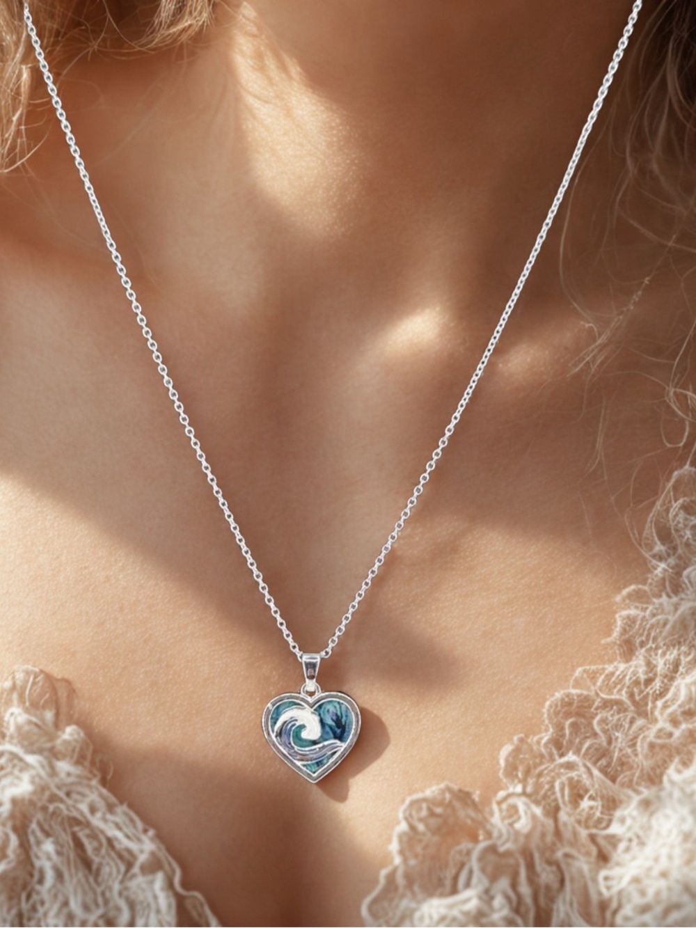 Silver Tone Heart Wave Abalone Charm Pendant Necklace-NEW